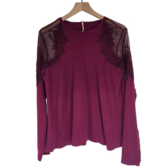 Free People Tops - Free People Daniella Illusion Lace Sheer Shoulder Top Red Size M